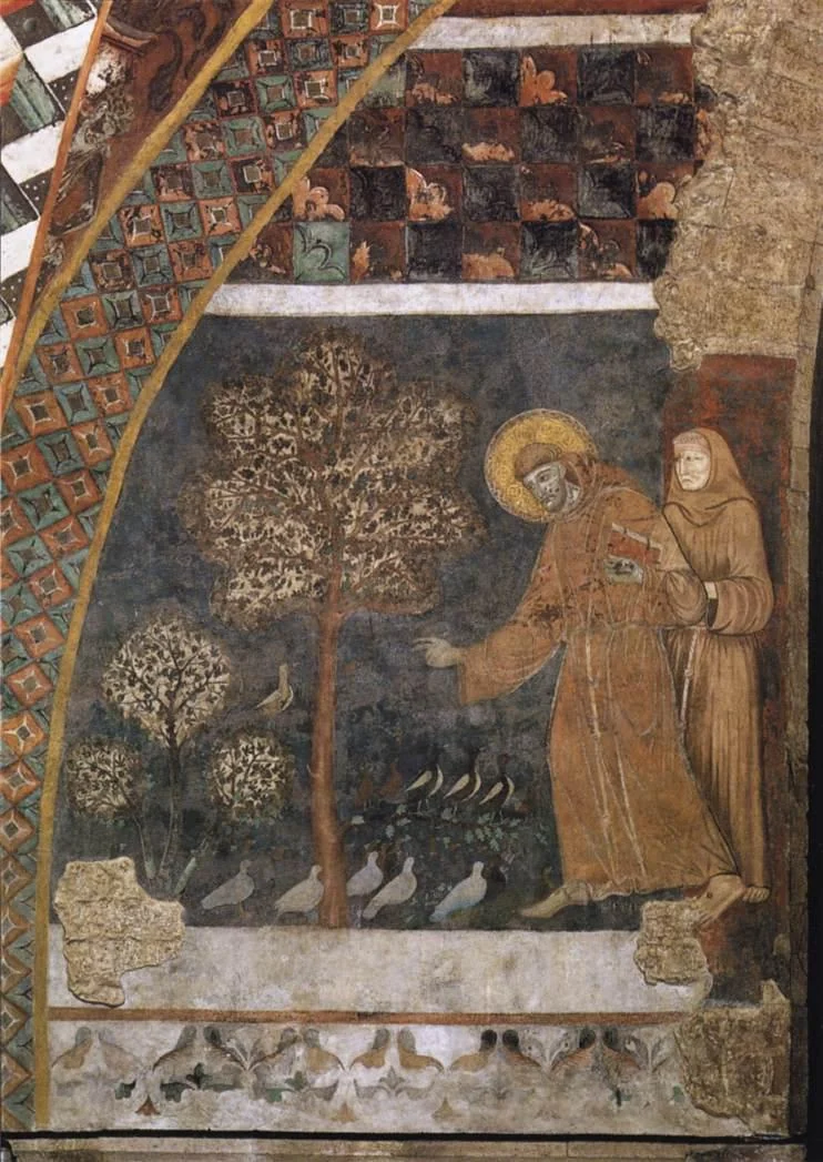 Fresco van een geheiligde monnik in bruine pij die zijn hand uitsteekt naar duiven en andere vogels onder een boom; een tweede monnik staat naast hem.