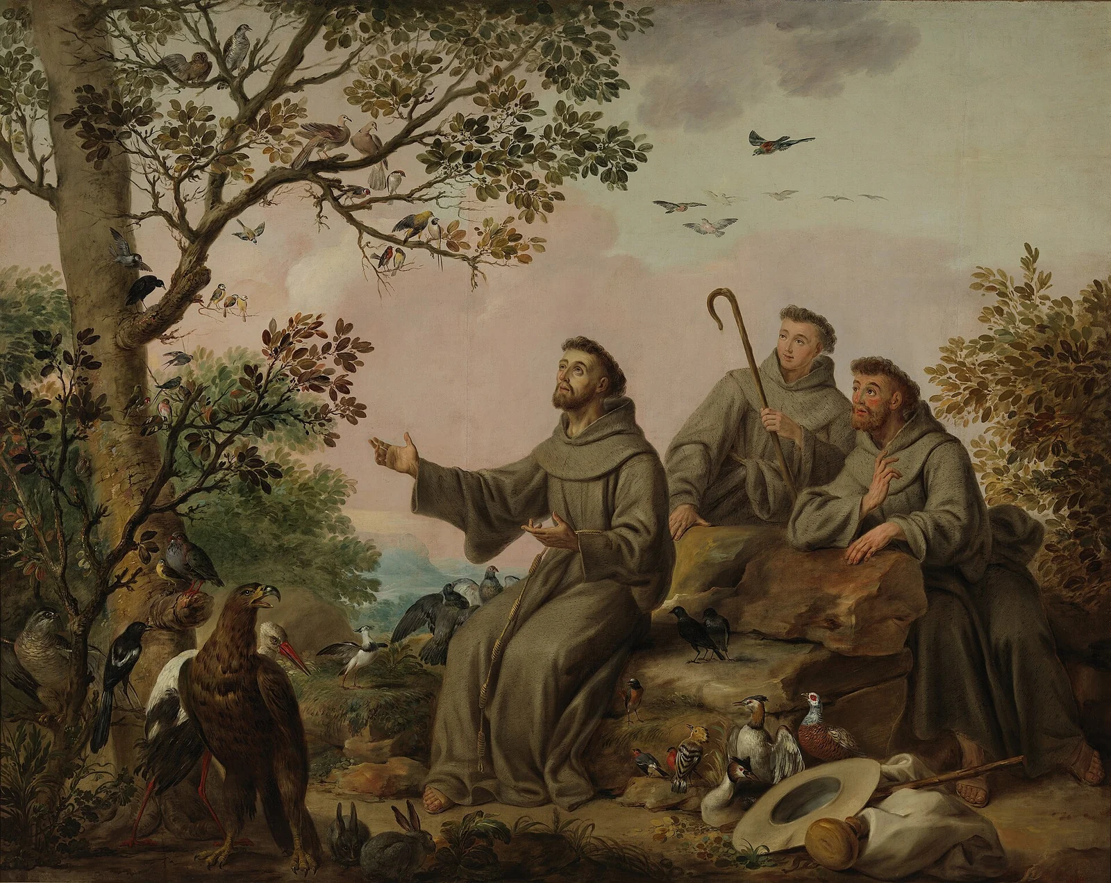 Schilderij van drie franciscaner broeders in een boslandschap, met links vogels in een boom en op de grond, onder meer een adelaar en een ooievaar.