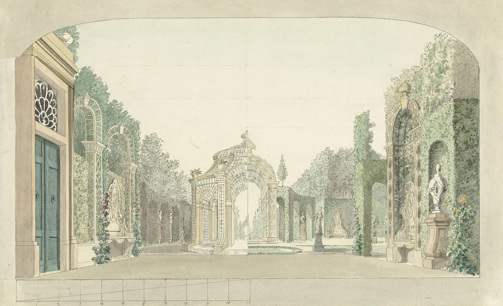 Aquarel van een toneeldecor met een tuin: heggen, bogen en beelden aan weerszijden van een open middenpad.