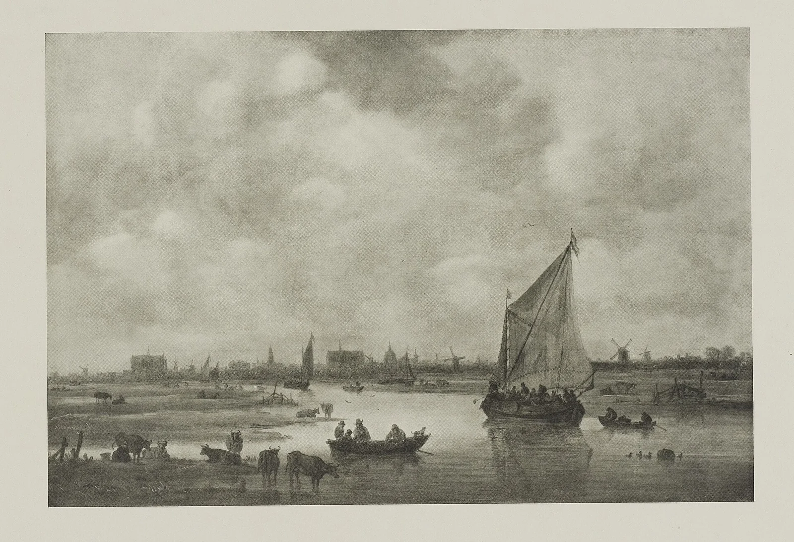 Zwart-witte reproductie van een schilderij: de verre silhouet van Leiden onder een bewolkte lucht, met zeilschepen, roeiboten en koeien op de voorgrond.