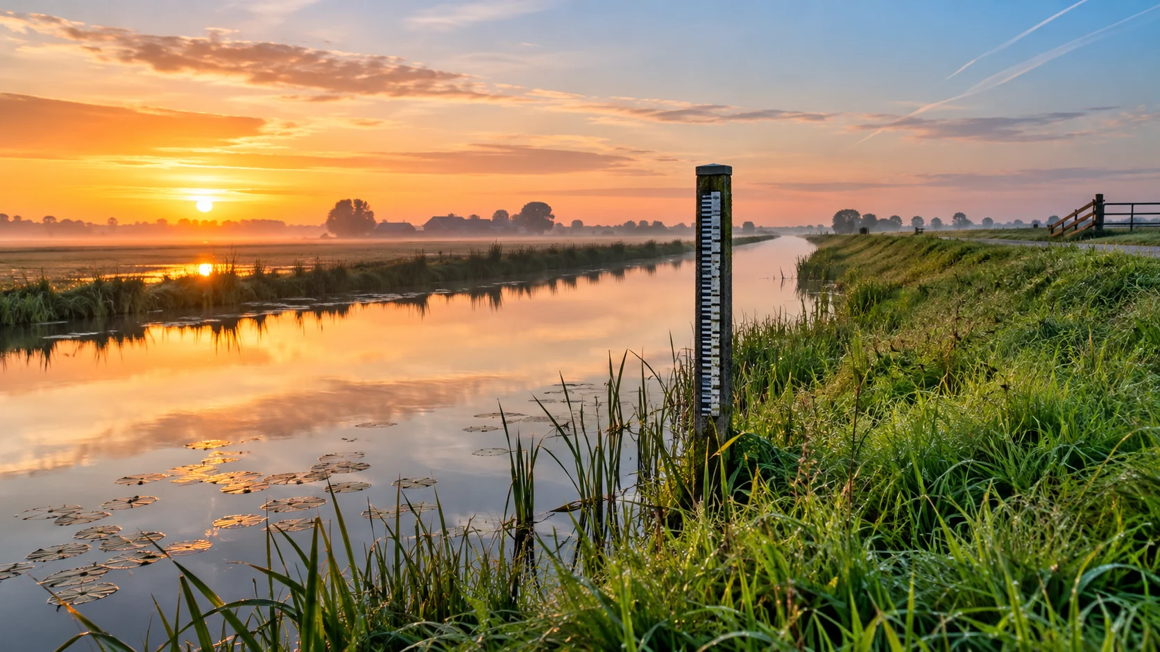 Photographic AI image of a water level marker in a polder at sunrise; no actual location.