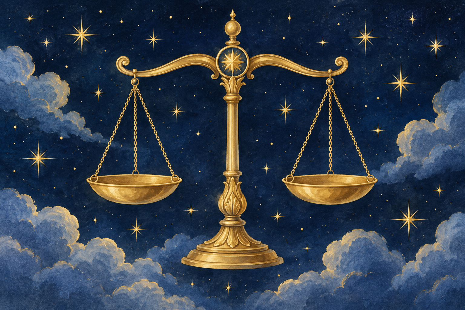 Golden scales among stars and blue clouds.