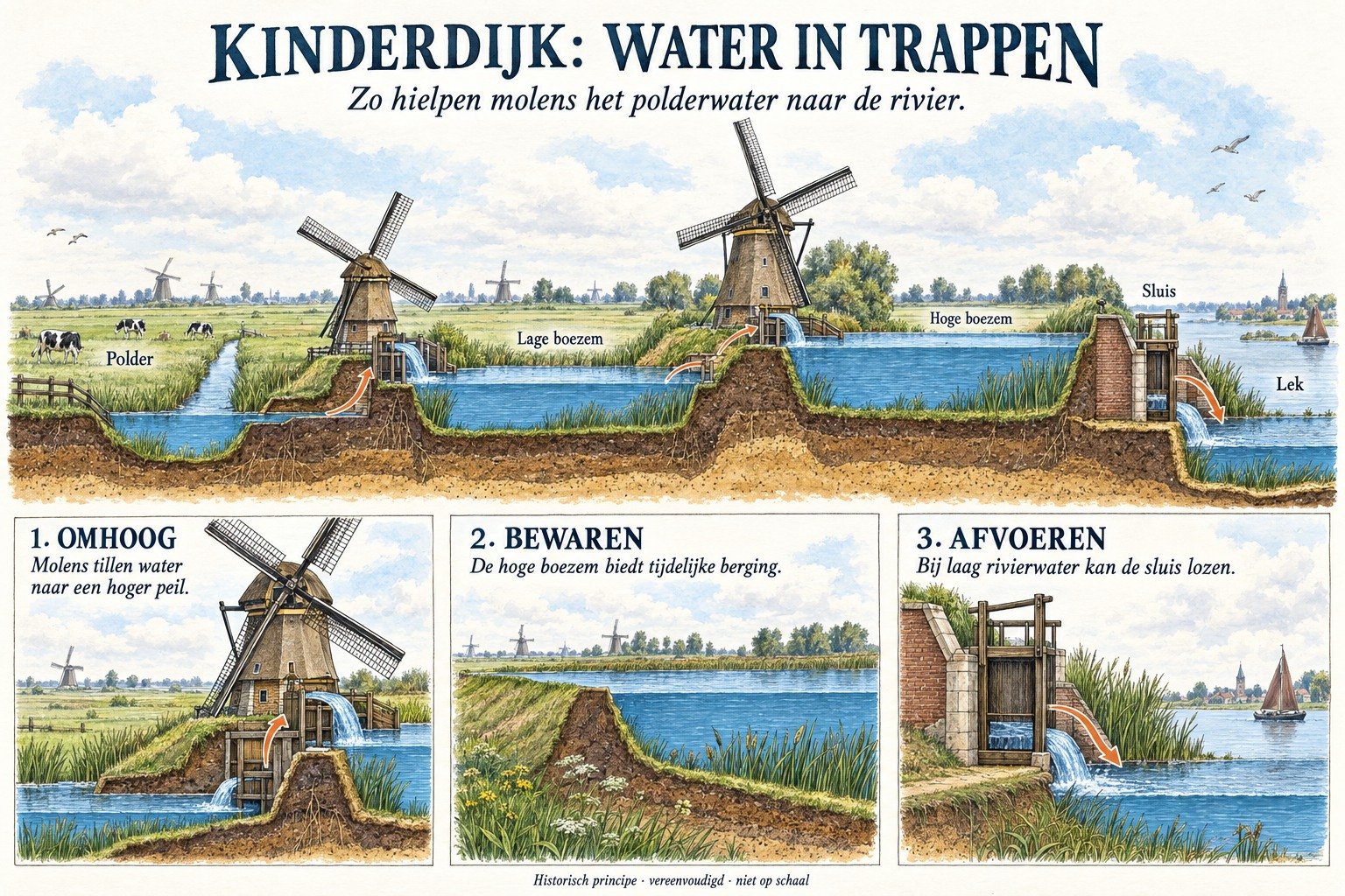 Getekende doorsnede van historische bemaling: water uit de polder naar de lage boezem, omhoog naar de hoge boezem en bij lage rivierstand via de sluis naar de Lek.