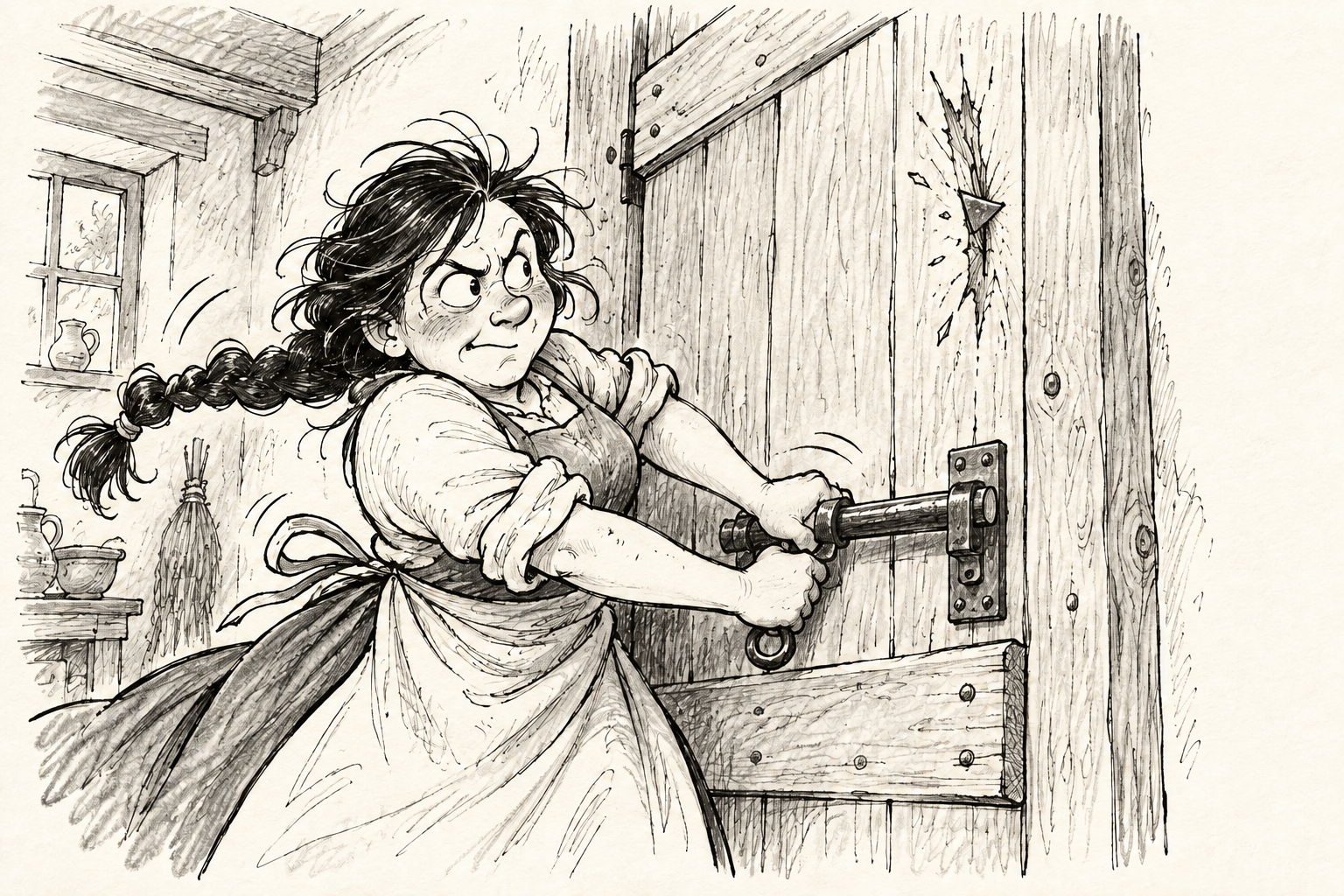 Inside, Marieke slides the bolt shut; the tip of an axe pokes through the wooden door