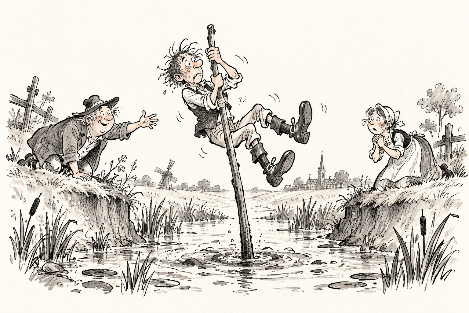 Bergum is stuck on his pole above the ditch while others watch from the banks