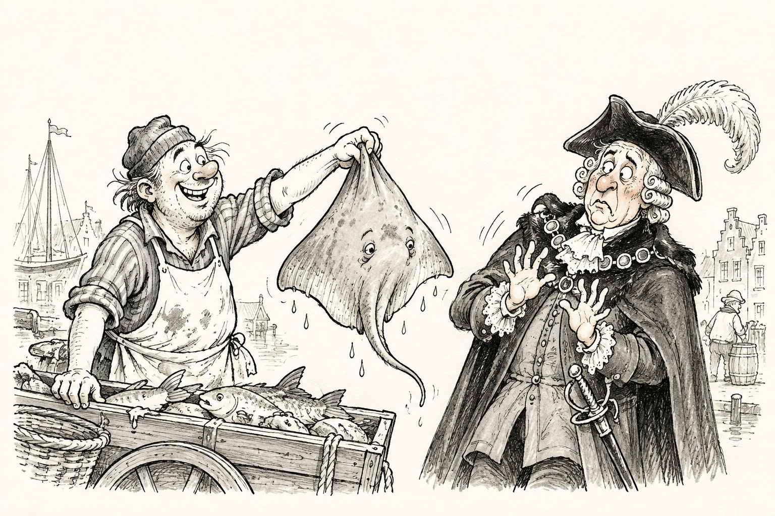 A fishmonger picks up the ray while the sheriff looks on in astonishment