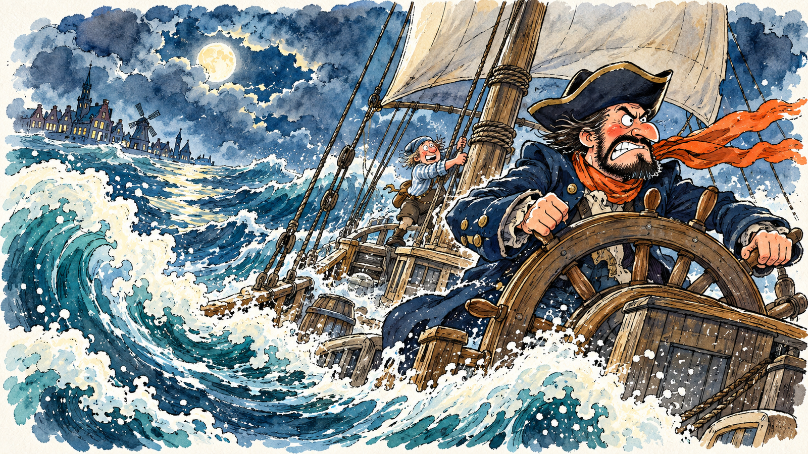 Ein starrköpfiger Kapitän hält das Ruder fest, während das Segelschiff gegen hohe Wellen kämpft