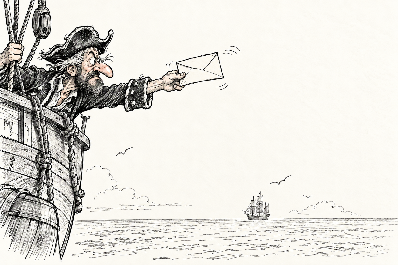 The aged captain holds out a letter from his ship, but the other ship remains unreachably far away