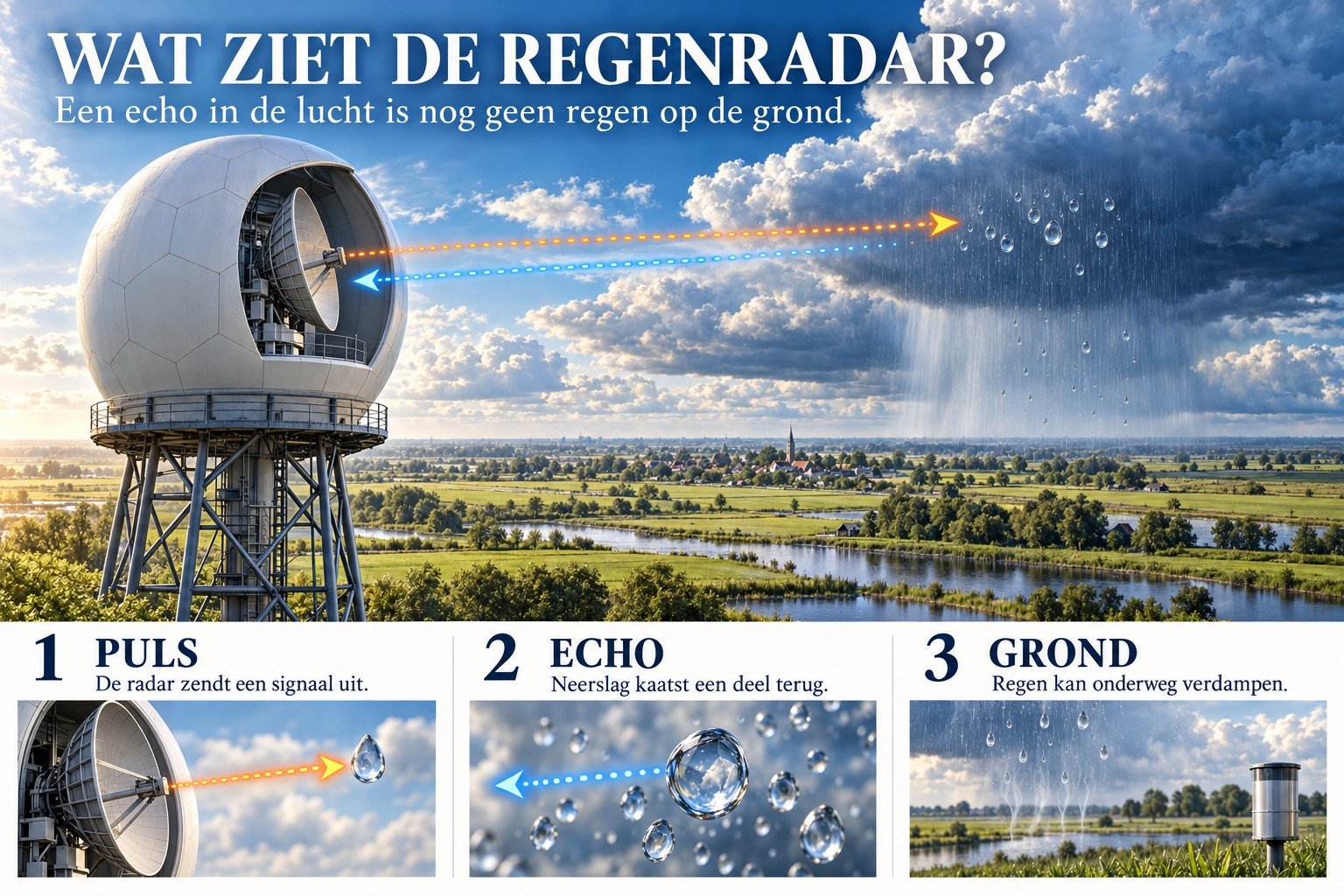 Wat ziet de regenradar? Kleureninfographic met een radartoren in het Nederlandse landschap en drie uitlegpanelen: uitgezonden puls, teruggekaatste echo en regen die onderweg kan verdampen.