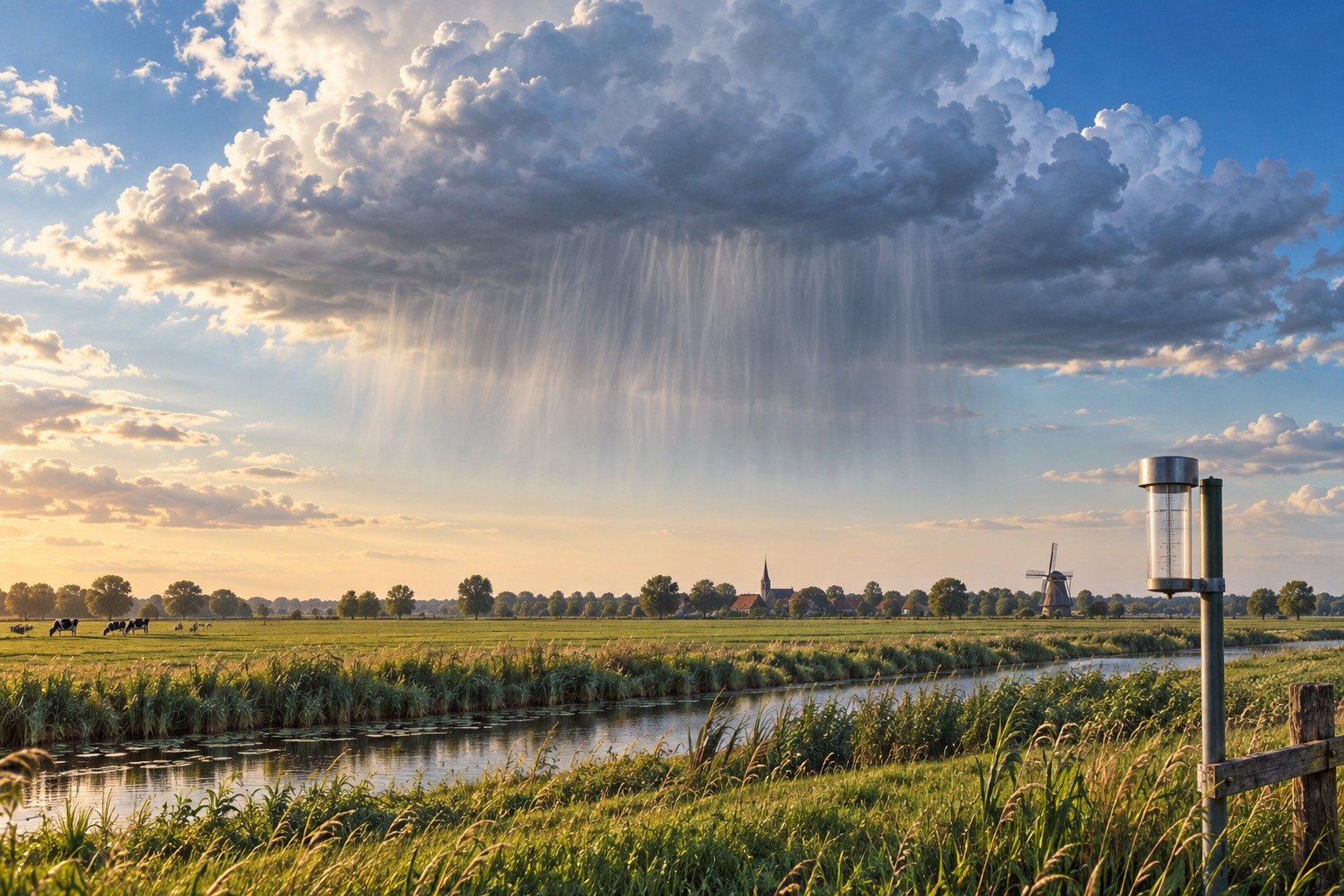 Kleurentekening van regen die onder een wolk verdampt voordat ze de droge grond en een regenmeter bereikt.
