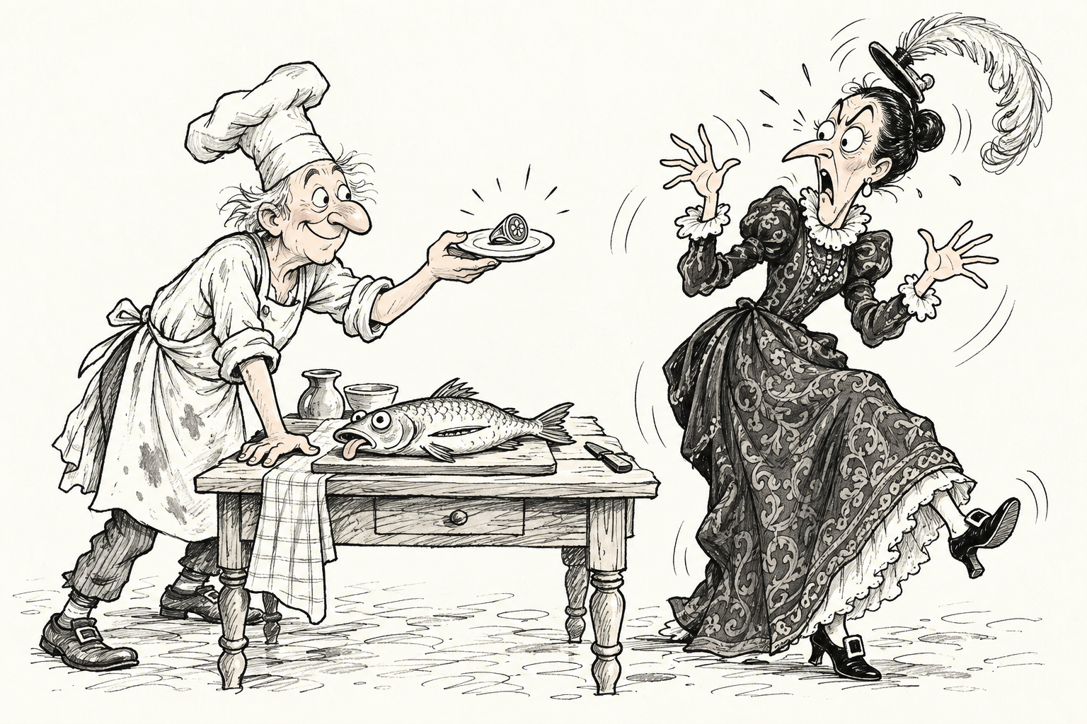 Loose pen-and-pencil drawing: the cook shows the recovered ring while the lady recoils with her hands raised